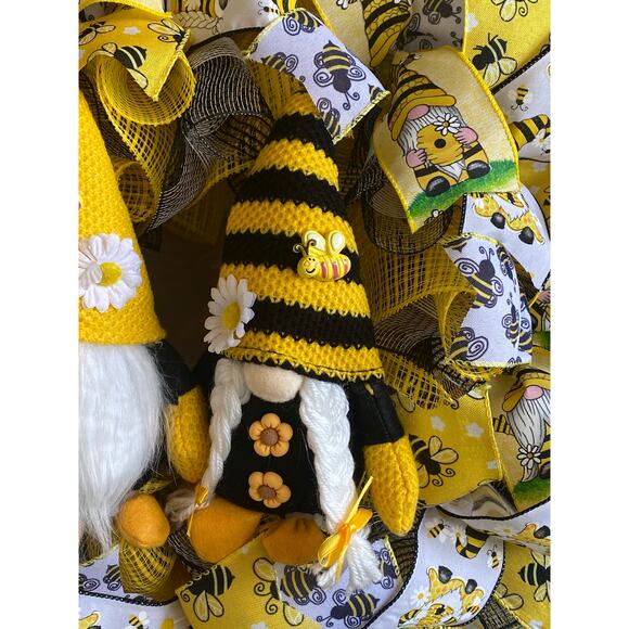 Bee Gnome Wreath Yellow Black White Mesh Bow Front Door Summer Decor 24” - Picture 2 of 7